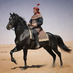 Berber King Jugurtha majestically riding a large, muscular black horse, under the intense North African sun.