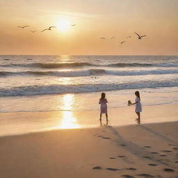 A nostalgic scene capturing childhood memories at the shore. Includes children building sandcastles, graceful seagulls flying above, and the tranquil waves gently touching the sandy beach in the golden sunset.