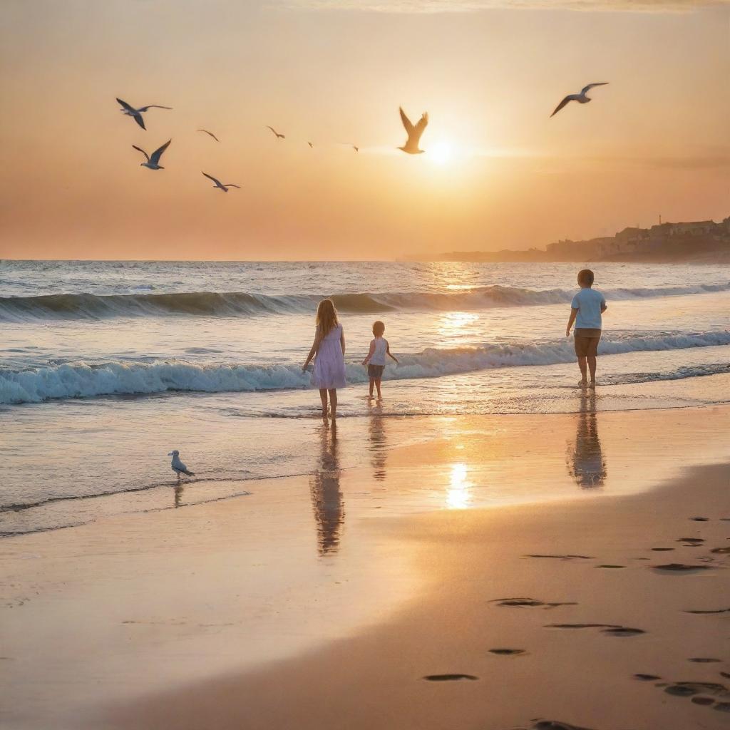 A nostalgic scene capturing childhood memories at the shore. Includes children building sandcastles, graceful seagulls flying above, and the tranquil waves gently touching the sandy beach in the golden sunset.