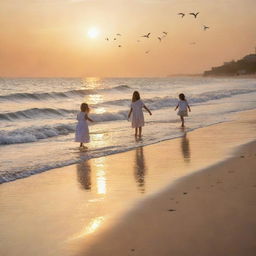 A nostalgic scene capturing childhood memories at the shore. Includes children building sandcastles, graceful seagulls flying above, and the tranquil waves gently touching the sandy beach in the golden sunset.