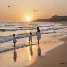 A nostalgic scene capturing childhood memories at the shore. Includes children building sandcastles, graceful seagulls flying above, and the tranquil waves gently touching the sandy beach in the golden sunset.