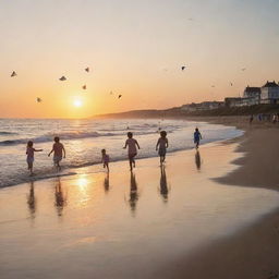 A nostalgic seaside scene capturing childhood memories. Children building sandcastles, flying kites, and running along the beach while the sun sets.