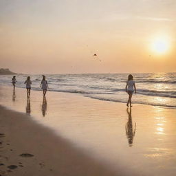 A nostalgic seaside scene capturing childhood memories. Children building sandcastles, flying kites, and running along the beach while the sun sets.