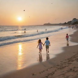 A nostalgic seaside scene capturing childhood memories. Children building sandcastles, flying kites, and running along the beach while the sun sets.