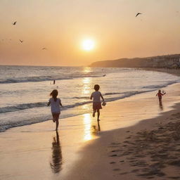 A nostalgic seaside scene capturing childhood memories. Children building sandcastles, flying kites, and running along the beach while the sun sets.