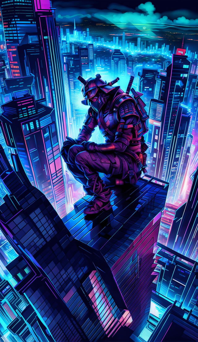 Futuristic Samurai crouching on a skyscraper, with blades strapped to his back, overlooking a neon-lit cyberpunk cityscape.