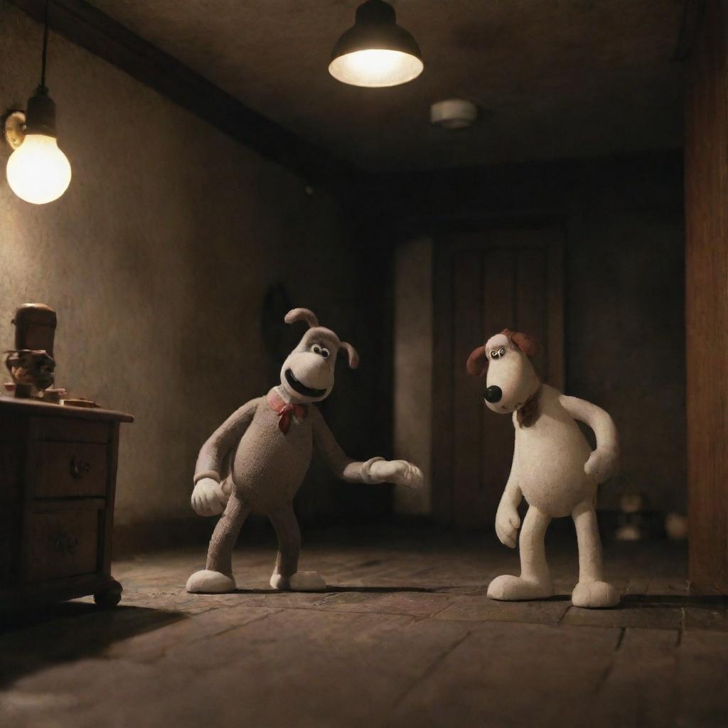 Wallace and Gromit in a suspenseful, creepy environment with dim lighting and eerie shadows