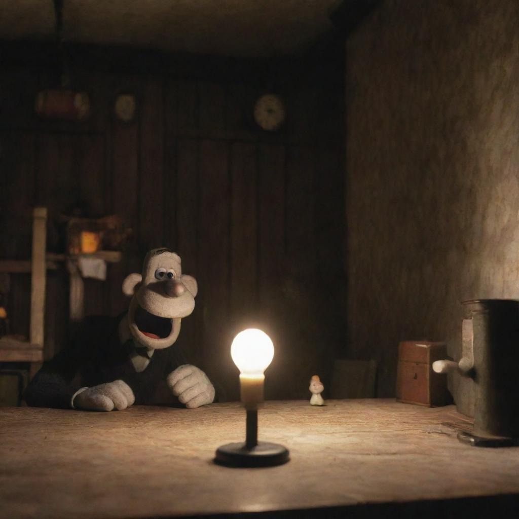Wallace and Gromit in a suspenseful, creepy environment with dim lighting and eerie shadows
