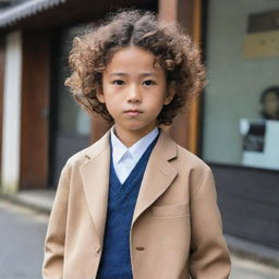 A Japanese boy appearing sharp yet fashionable, in Joro line style clothing with his distinctive curly hair