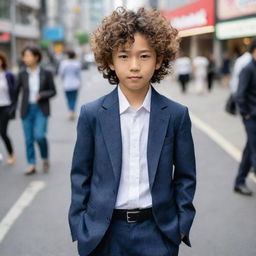 A Japanese boy appearing sharp yet fashionable, in Joro line style clothing with his distinctive curly hair