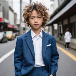 A Japanese boy appearing sharp yet fashionable, in Joro line style clothing with his distinctive curly hair