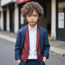 A Japanese boy appearing sharp yet fashionable, in Joro line style clothing with his distinctive curly hair