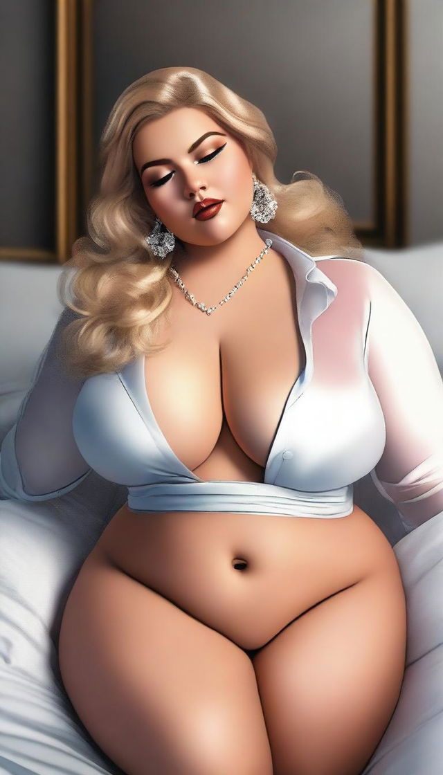 A high-resolution, digital art image of a voluptuous, plus-size woman with golden blonde hair