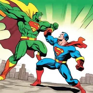 The superhero thrashes the evil supervillain with his extraordinary abilities in the comic book.