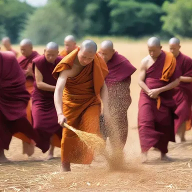 During the harvest festival, the monks gathered together to thrash the grains as a symbolic act of purifying the crops and offering thanks to the divine.