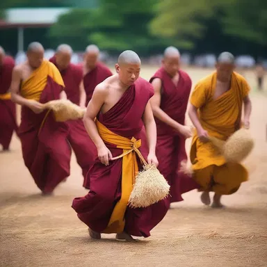 During the harvest festival, the monks gathered together to thrash the grains as a symbolic act of purifying the crops and offering thanks to the divine.