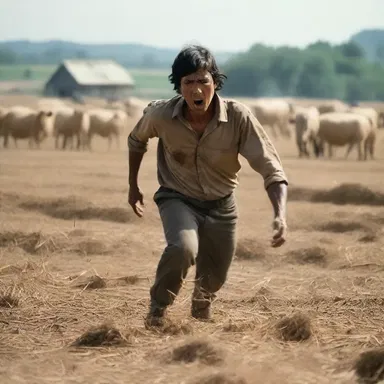 In the movie scene, the protagonist took a break from their thrilling chase to stop at a farm and thrash the grains in a desperate attempt to find shelter and sustenance.