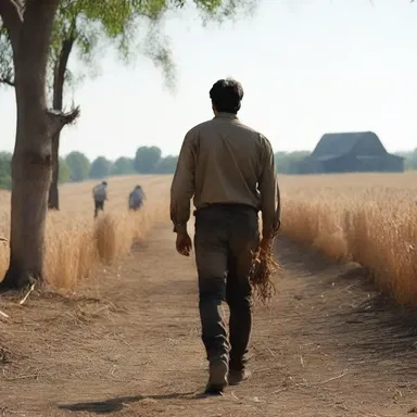 In the movie scene, the protagonist took a break from their thrilling chase to stop at a farm and thrash the grains in a desperate attempt to find shelter and sustenance.