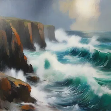 The abstract painting depicted a stormy ocean with crashing waves thrashing against the cliffs.