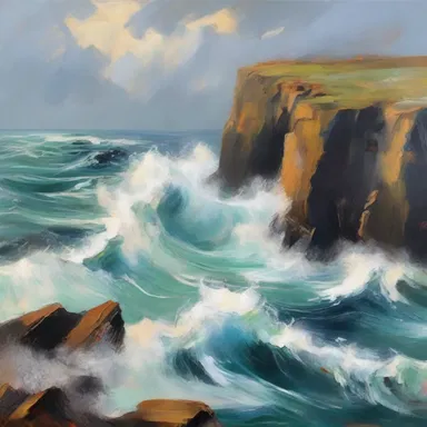 The abstract painting depicted a stormy ocean with crashing waves thrashing against the cliffs.