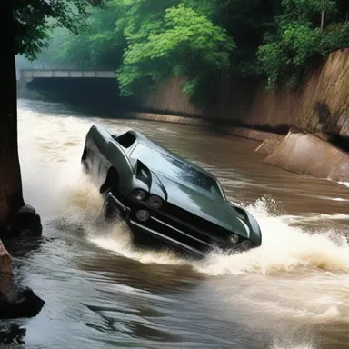 In the thrilling action movie, the hero's car plunged off a bridge and into the river, causing it to thrash about violently before sinking to the bottom.