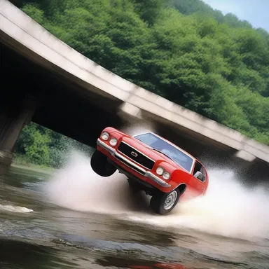 In the thrilling action movie, the hero's car plunged off a bridge and into the river, causing it to thrash about violently before sinking to the bottom.