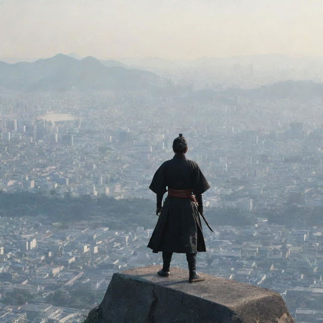 A solitary Samurai standing and overlooking a sprawling city from a high vantage point.