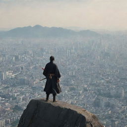 A solitary Samurai standing and overlooking a sprawling city from a high vantage point.