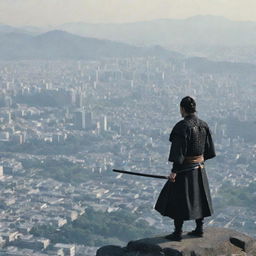 A solitary Samurai standing and overlooking a sprawling city from a high vantage point.