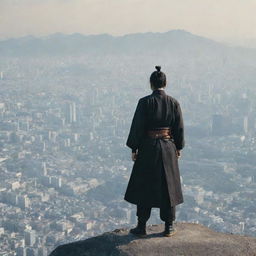 A solitary Samurai standing and overlooking a sprawling city from a high vantage point.