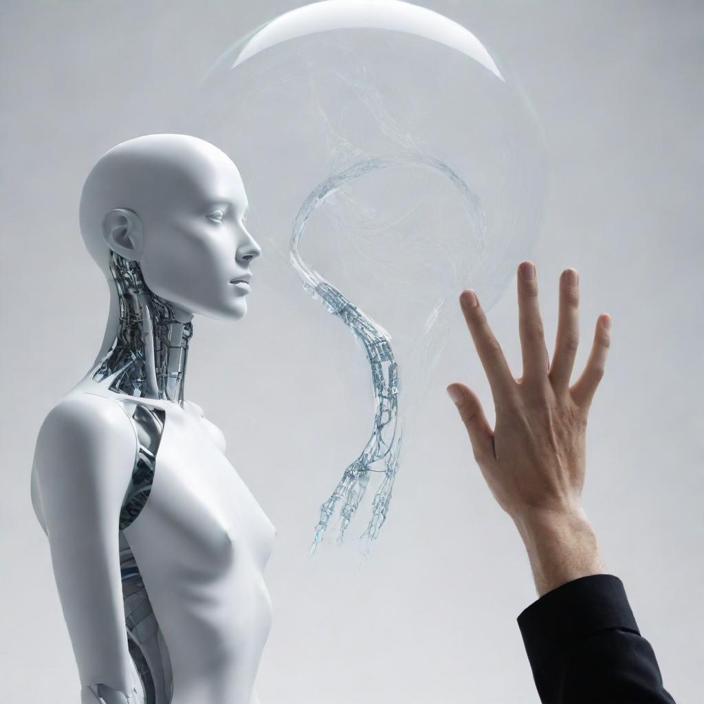 Créez une image représentant une interaction entre un humain et une IA sous la forme d'un concept futuriste et abstrait.