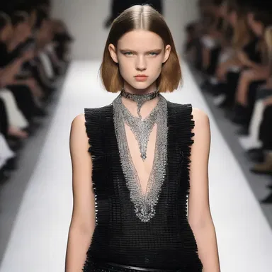The model strutted down the runway, showcasing an edgy look with a chomp-shaped necklace as the centerpiece.