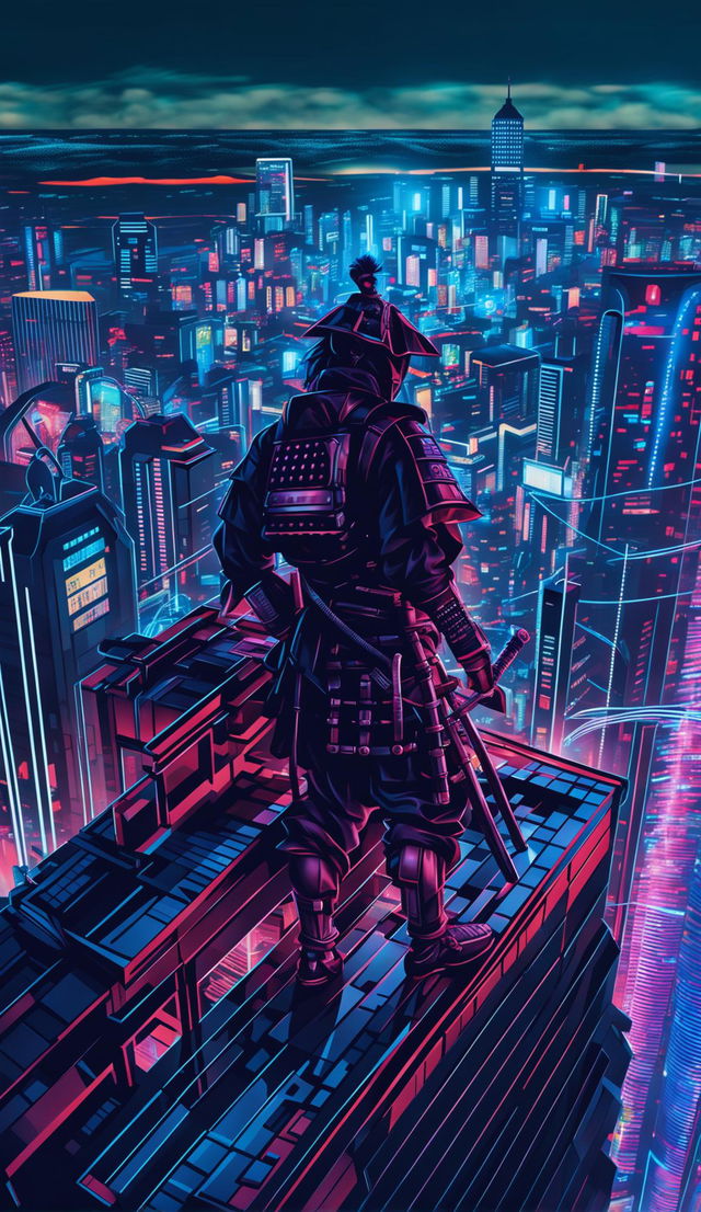 Futuristic Samurai standing on a skyscraper, overlooking a neon-lit cyberpunk cityscape, with the wind whipping around him.