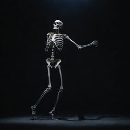 A man dancing with a skeleton in a dark atmospheric environment, the skeleton's bones glowing subtly under the pale moonlight.