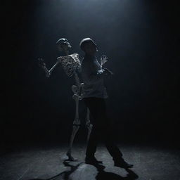 A man dancing with a skeleton in a dark atmospheric environment, the skeleton's bones glowing subtly under the pale moonlight.