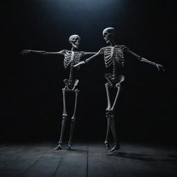 A man dancing with a skeleton in a dark atmospheric environment, the skeleton's bones glowing subtly under the pale moonlight.