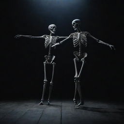 A man dancing with a skeleton in a dark atmospheric environment, the skeleton's bones glowing subtly under the pale moonlight.