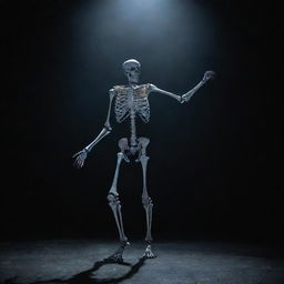 A man dancing with a skeleton in a dark atmospheric environment, the skeleton's bones glowing subtly under the pale moonlight.