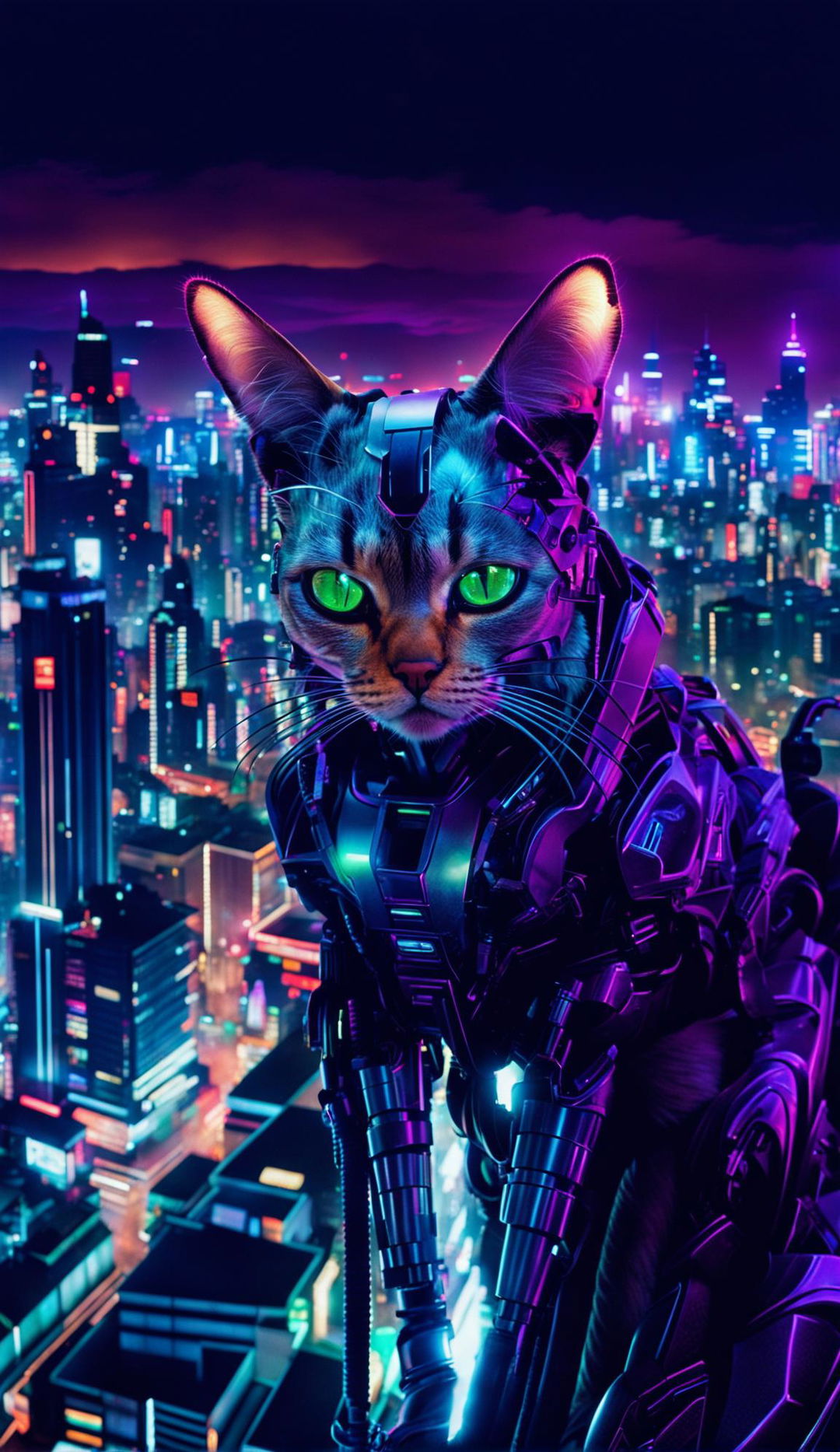 A high-definition candid photograph of a cybernetic cat on a neon-lit city rooftop, with the cityscape reflected in its eyes.