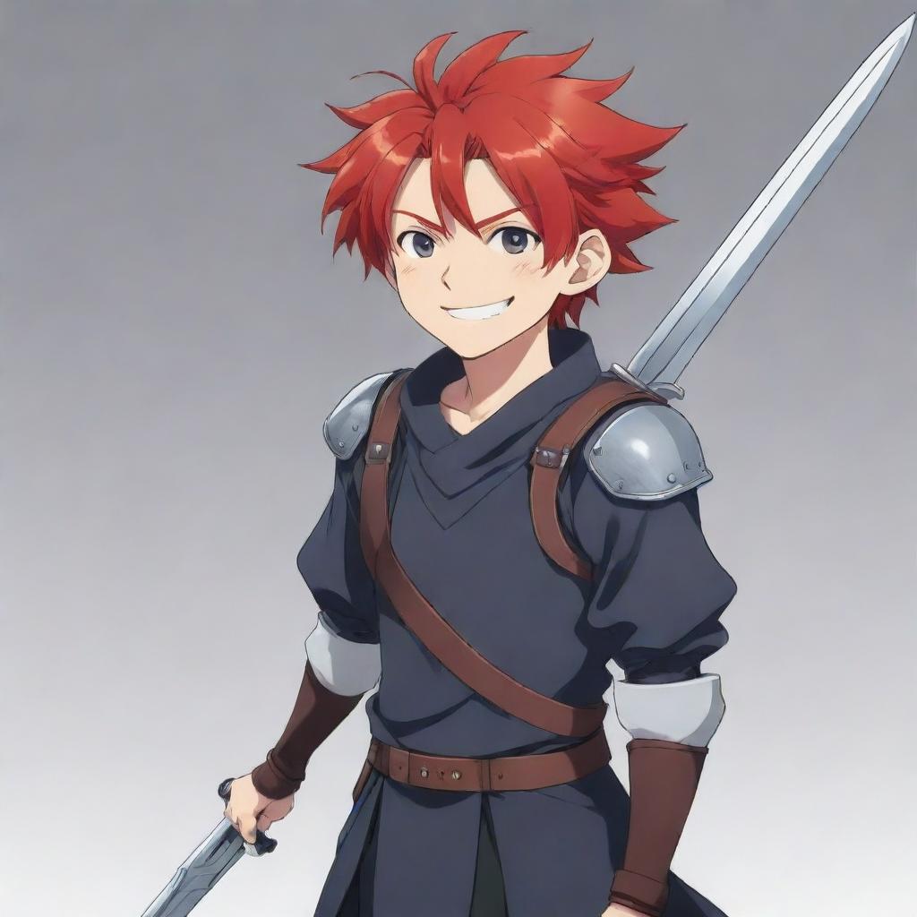 2D anime character, drawn in upbeat cartoon style, with a pleasing smile and bright red hair, without armor but still with a large sword on his back.