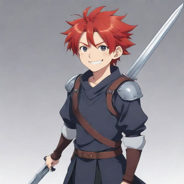 2D anime character, drawn in upbeat cartoon style, with a pleasing smile and bright red hair, without armor but still with a large sword on his back.