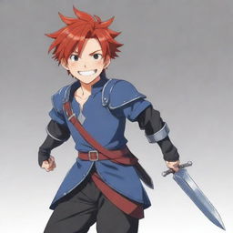 2D anime character, drawn in upbeat cartoon style, with a pleasing smile and bright red hair, without armor but still with a large sword on his back.