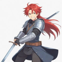 2D anime character, drawn in upbeat cartoon style, with a pleasing smile and bright red hair, without armor but still with a large sword on his back.