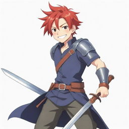 2D anime character, drawn in upbeat cartoon style, with a pleasing smile and bright red hair, without armor but still with a large sword on his back.