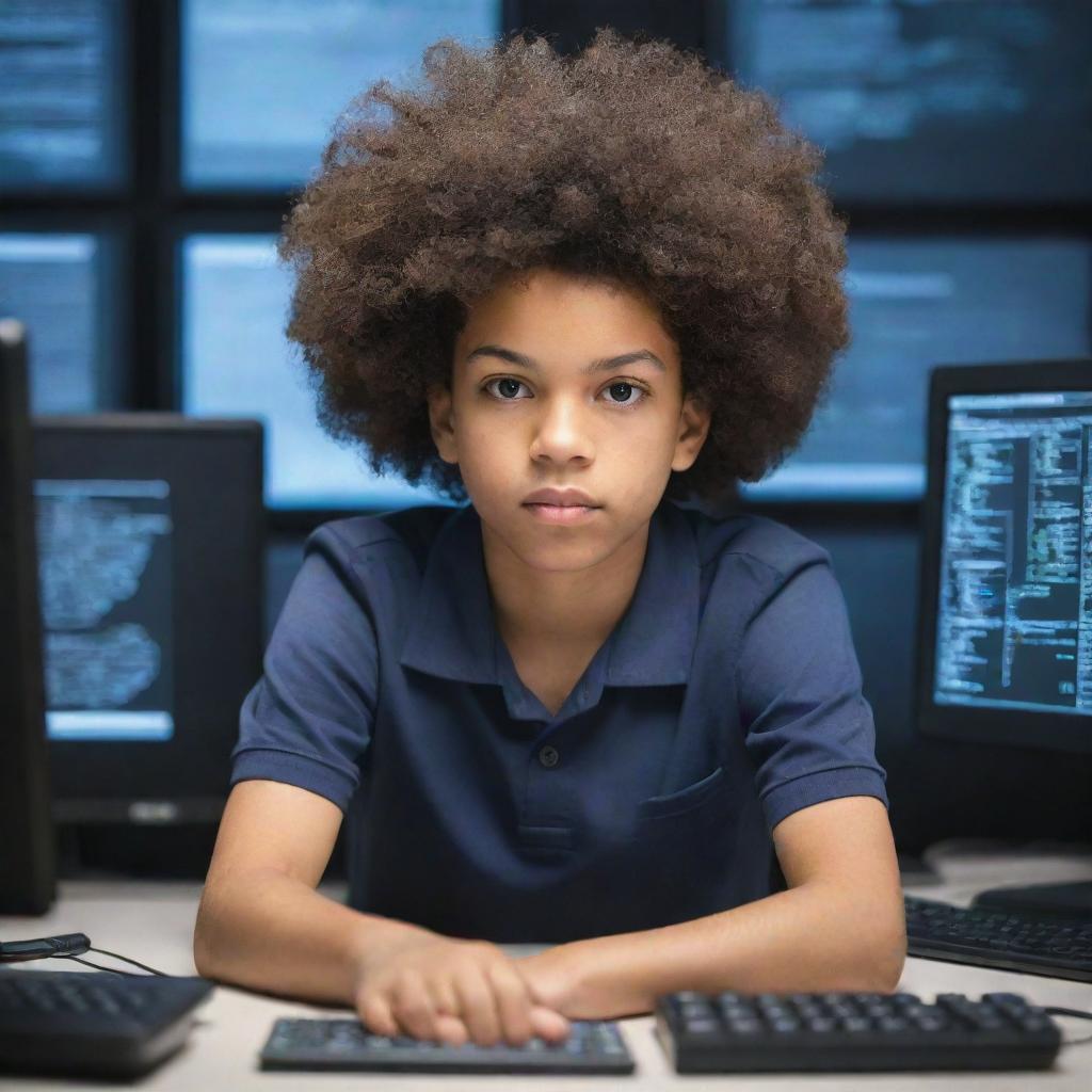 A light-skinned boy with an afro hairstyle, deeply engrossed in coding. He's surrounded by multiple computer screens displaying various codes and data.