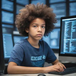 A light-skinned boy with an afro hairstyle, deeply engrossed in coding. He's surrounded by multiple computer screens displaying various codes and data.