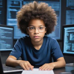 A light-skinned boy with an afro hairstyle, deeply engrossed in coding. He's surrounded by multiple computer screens displaying various codes and data.