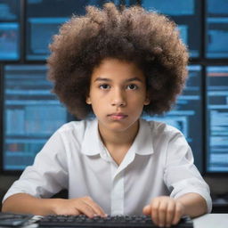 A light-skinned boy with an afro hairstyle, deeply engrossed in coding. He's surrounded by multiple computer screens displaying various codes and data.