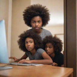 A teenage girl with chocolate-colored skin and an afro is intensely focused on coding on her computer. Her girlfriend stands at the door, urging her to come to bed.