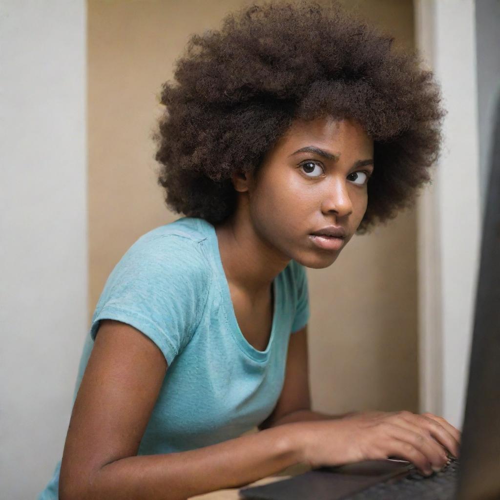 A teenage girl with chocolate-colored skin and an afro is intensely focused on coding on her computer. Her girlfriend stands at the door, urging her to come to bed.